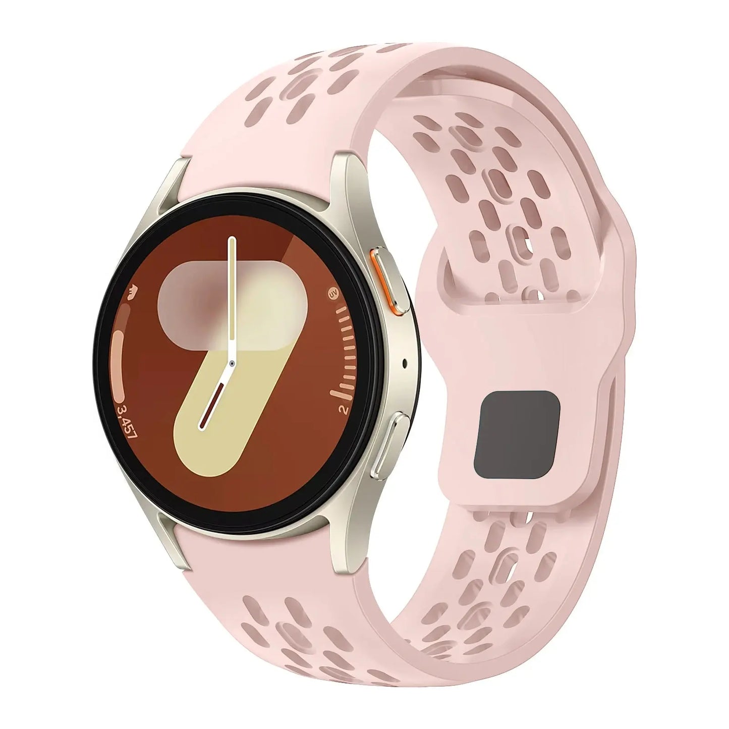 Samsung Galaxy Watch with pink sport silicone breathable band, ideal for comfort and active use.