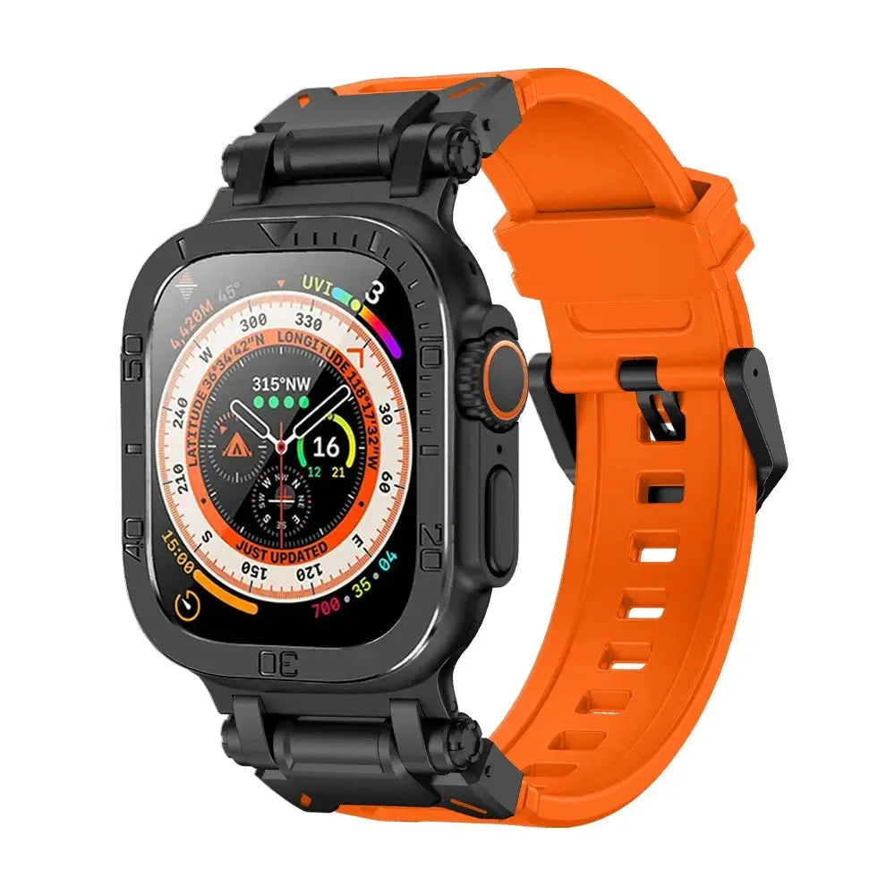 Apple Watch Ultra with rugged silicon band and metal case, showcasing sporty design and durable screen protection.