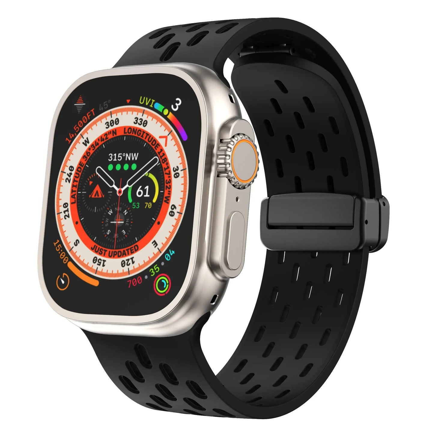 Silicone magnetic clasp band on Apple Watch, designed for breathability during sports activities.
