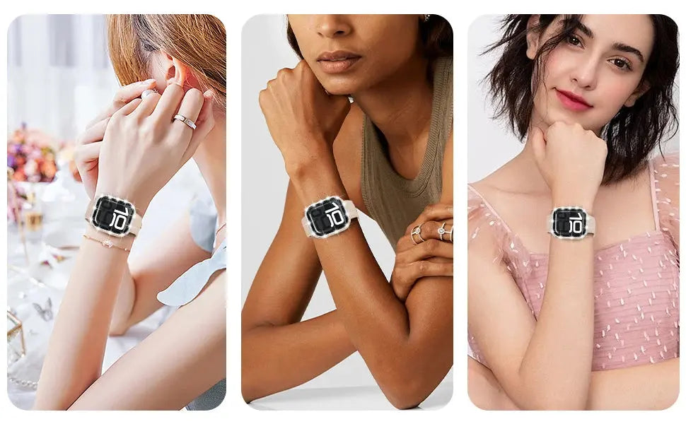 Elegant women showcasing Series 10 watch cases with rhinestones for 42mm and 46mm models in stylish settings.
