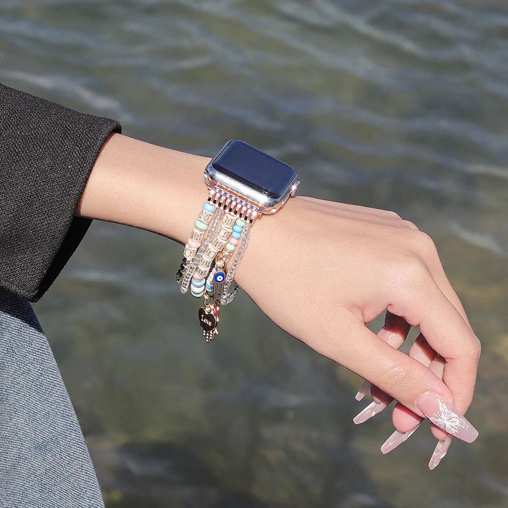 Beaded Apple Watch Band with Charms – Boho Bracelet Strap