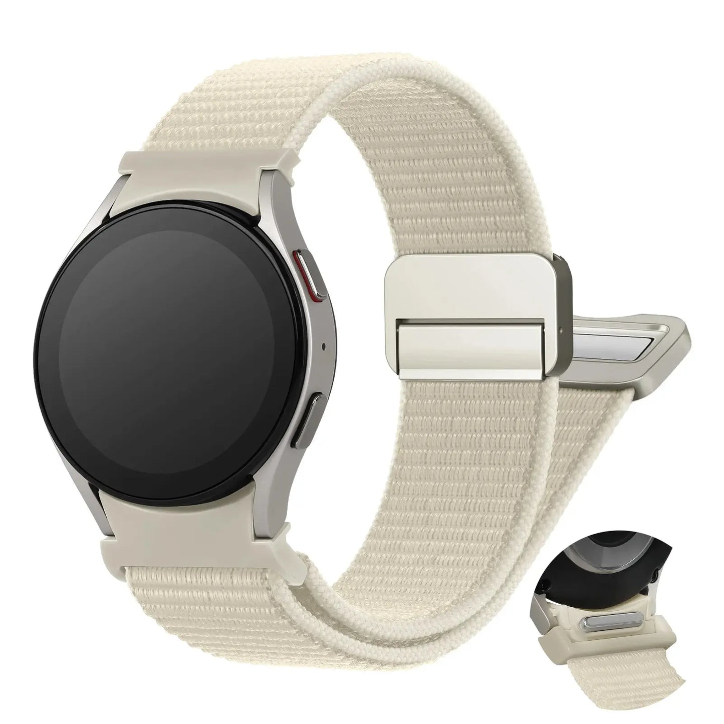 Magnetic nylon sports band for Samsung Galaxy Watch 4, 5, 6, 7, stylish and breathable material.