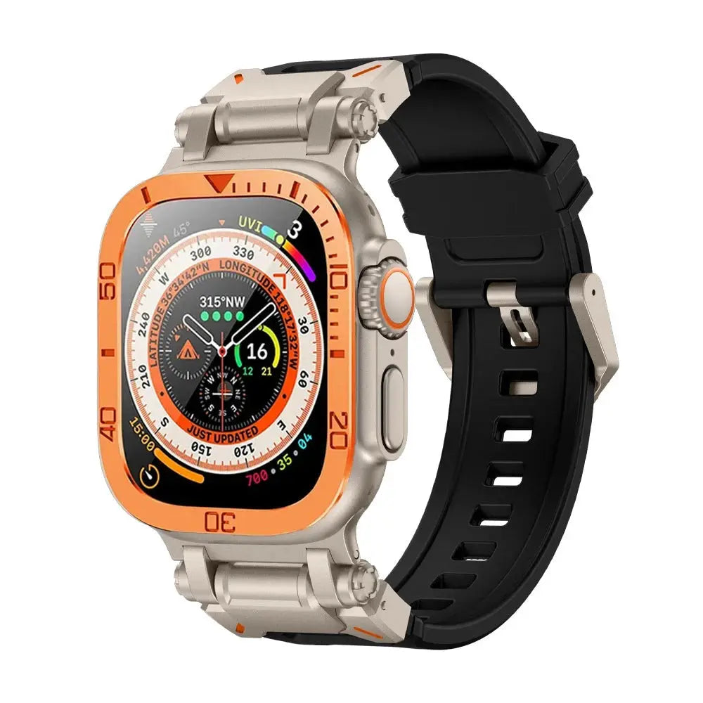 Rugged Apple Watch Ultra 49mm with Armor Silicon Band and Metal Case, showcasing sporty design and durable screen protection.