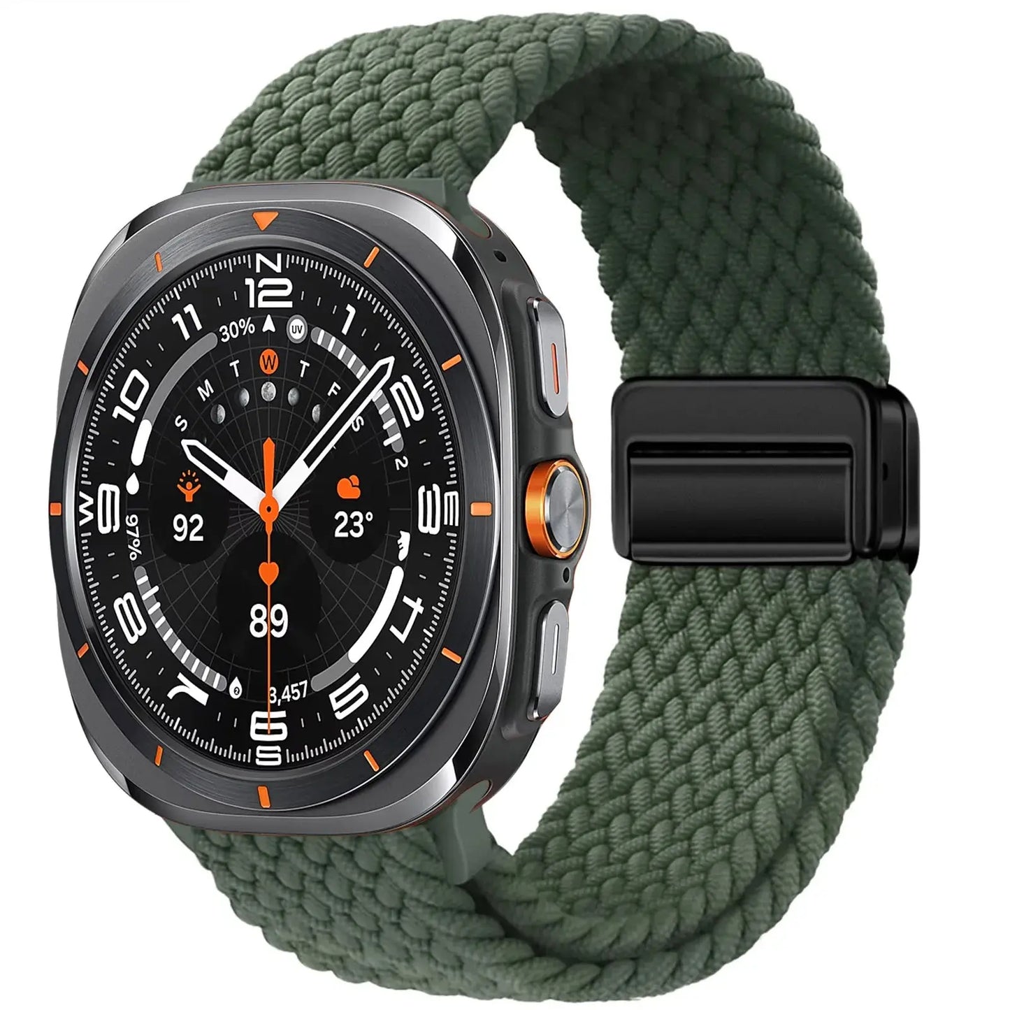 Braided magnetic loop band for Samsung Galaxy Watch Ultra 47mm in green, lightweight and adjustable for comfort.