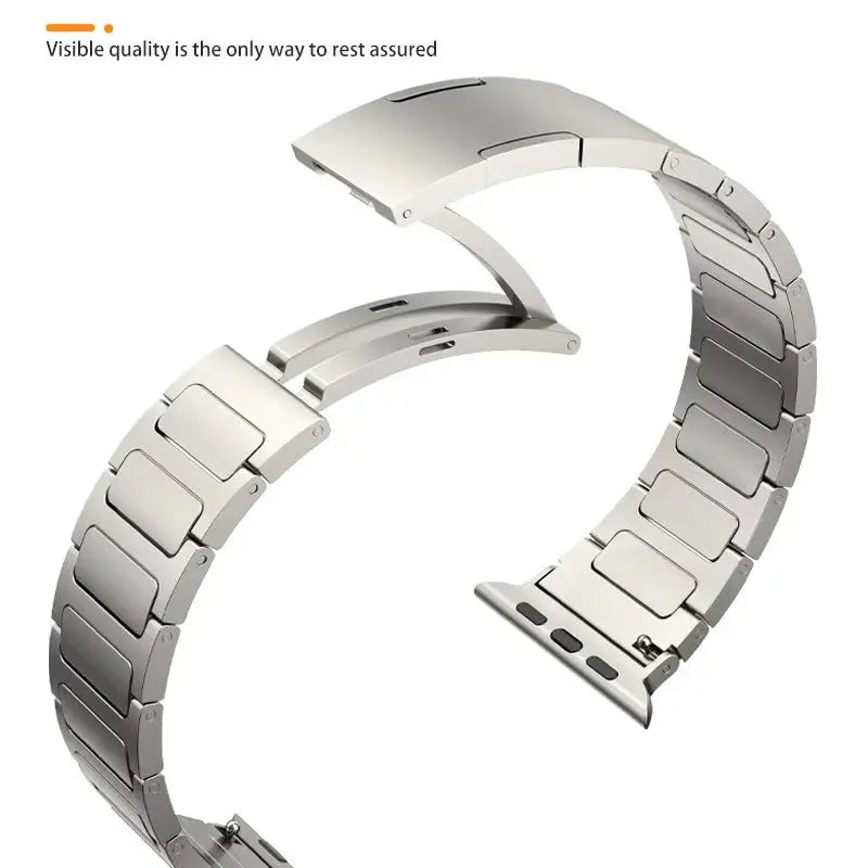 Modern titanium bracelet for Apple Watch showing secure hidden folding buckle and sleek design.