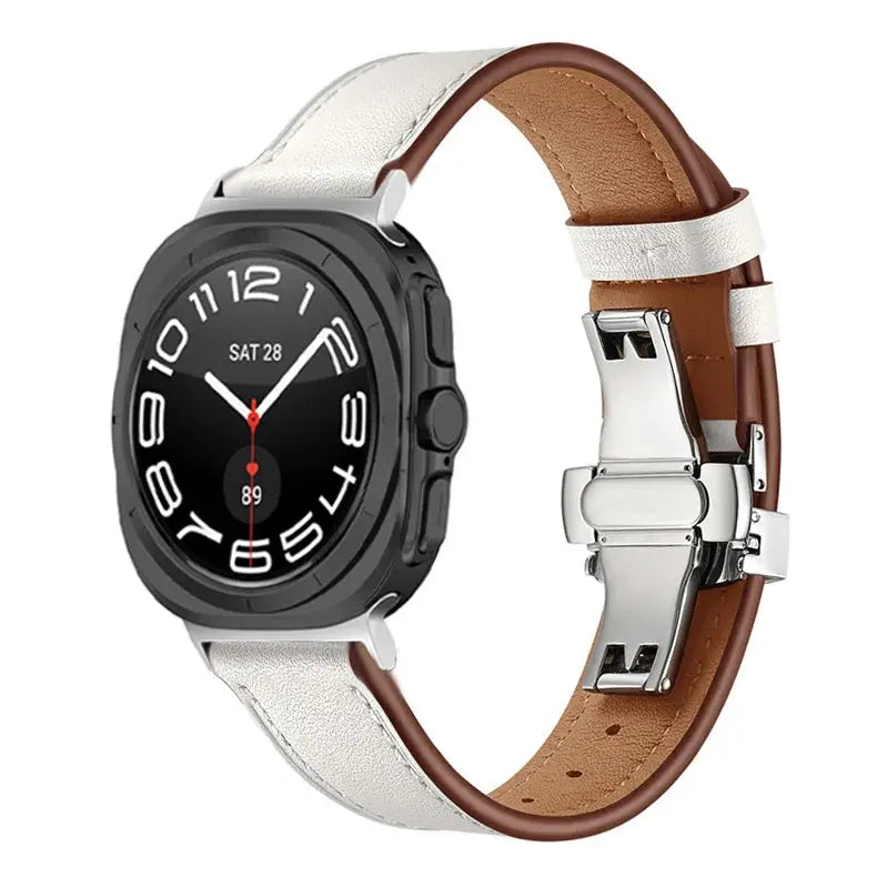 Classic Leather Ultra Band for Galaxy Watch Ultra in black and white, featuring metal butterfly clasp and sleek design.