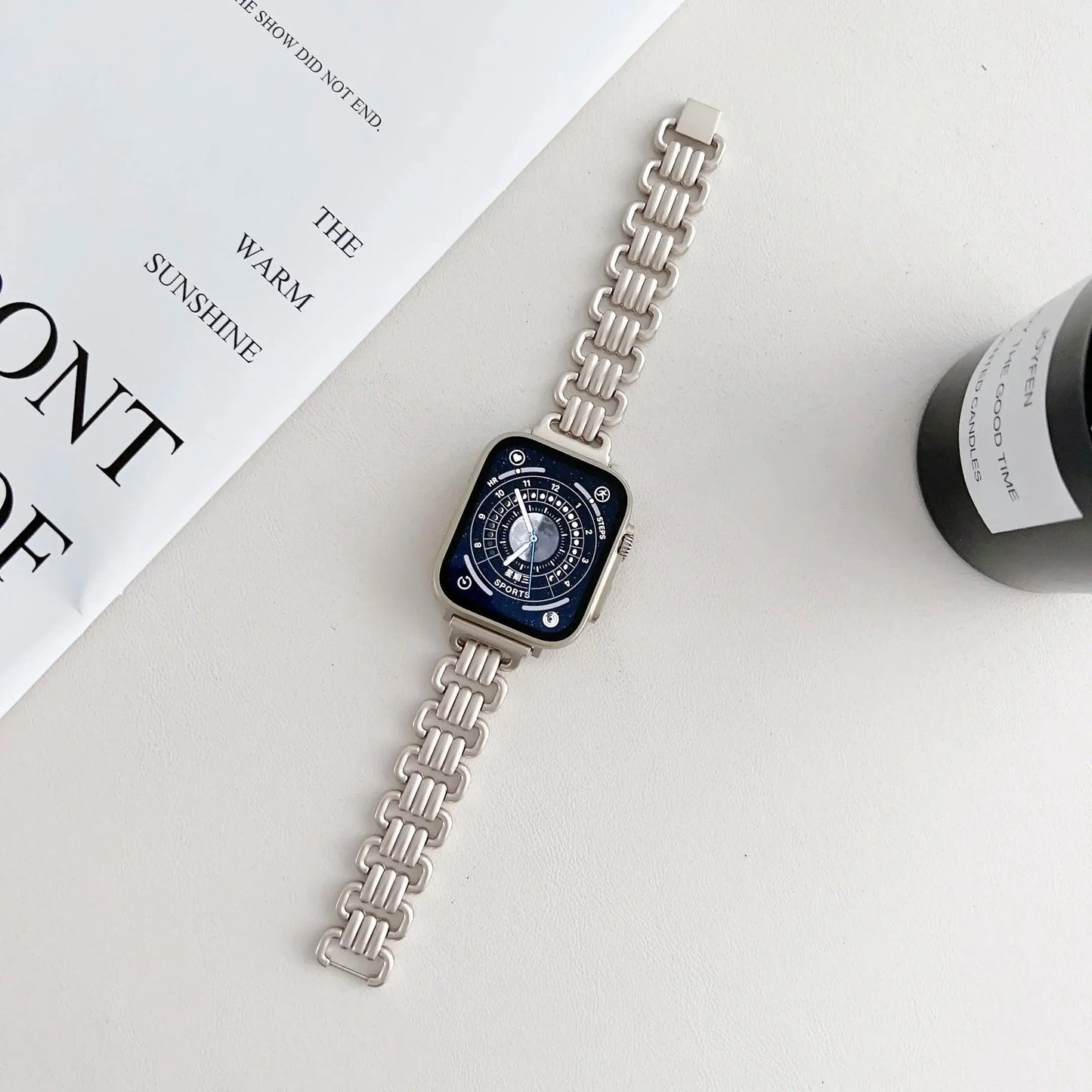 Luxury Starlight Bracelet on Apple Watch, showcasing elegant stainless steel design and adjustable strap, perfect for everyday wear.