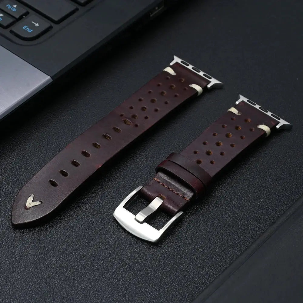 Enzo Classic Leather Band in rich brown, featuring perforations for airflow, designed for elegance and comfort.
