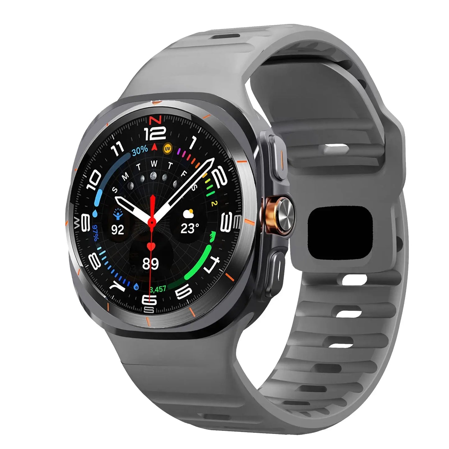 Rugged silicon band for Samsung Galaxy Watch Ultra in grey, designed for active lifestyles and daily fashion.