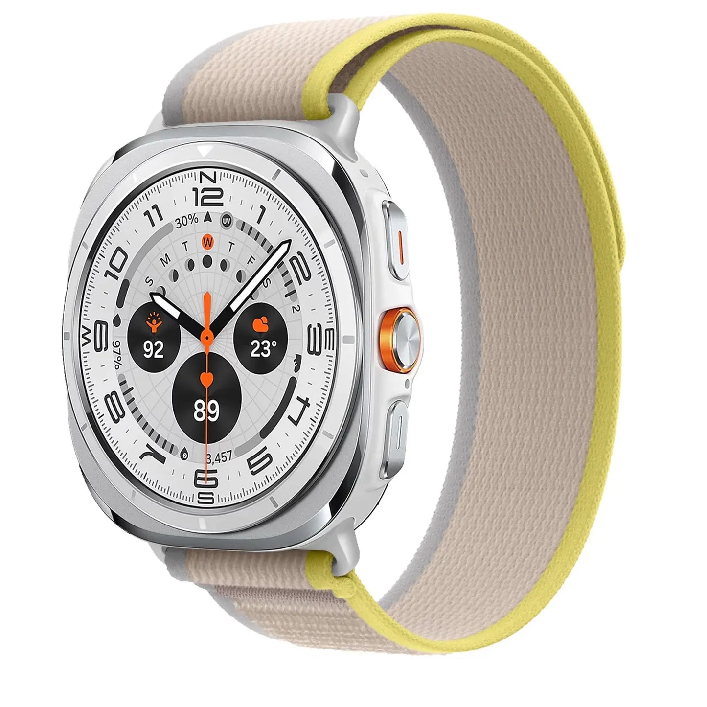 Soft Stretchy Nylon Trail Band for Galaxy Watch Ultra in beige and yellow, showcasing a stylish and sporty design.