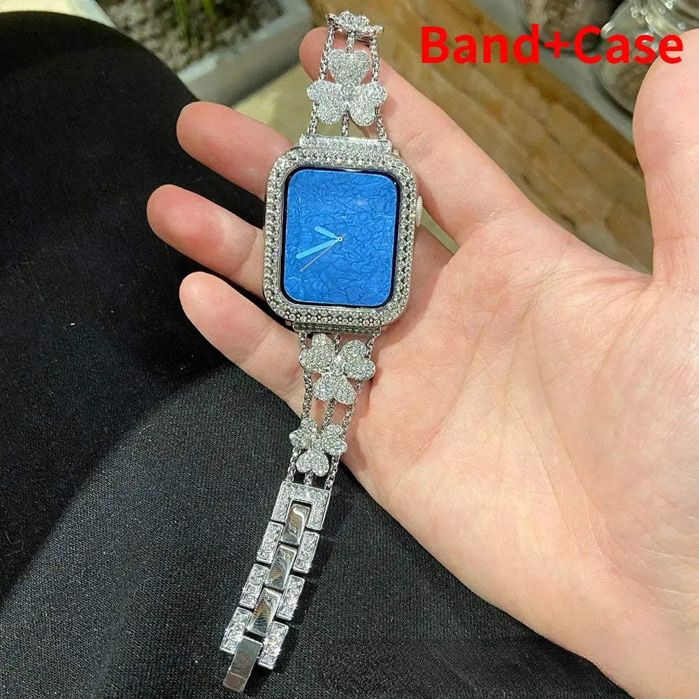 Gorgeous rhinestones bracelet with flower pattern and blue Apple Watch case, elevating style and elegance.