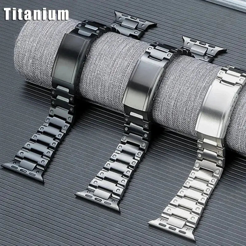 Glossy Titanium bracelets for Apple Watch, showcasing premium stainless steel finish and secure hidden buckle design.