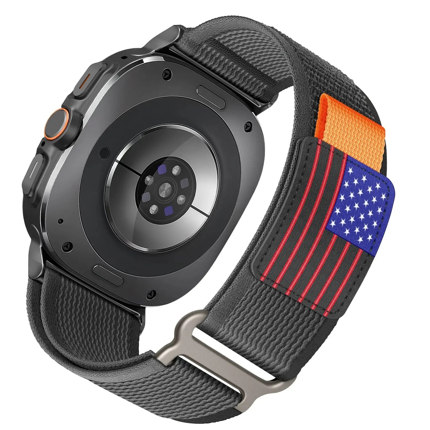 Samsung Galaxy Watch Ultra with American flag patterned Nylon band showcasing one-click attachment and adjustable fit.