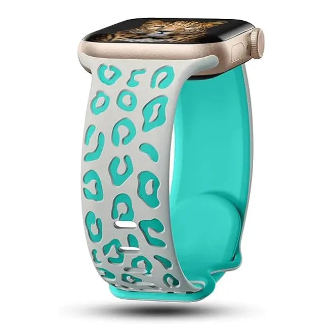 Dual color silicone engraved Apple Watch band with turquoise and leopard print design for style and comfort.
