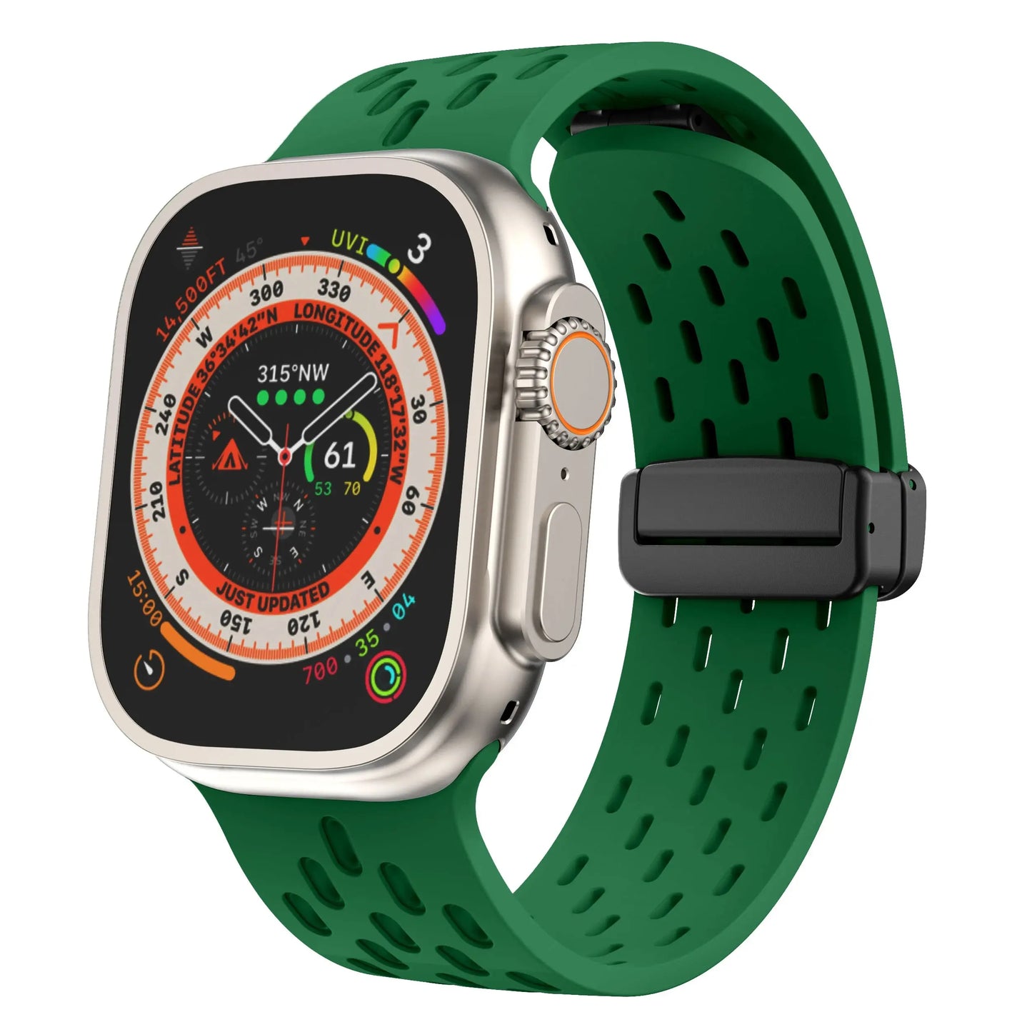 Breathable silicone magnetic clasp band for Apple Watch, featuring ventilation holes for active lifestyles and secure fit.