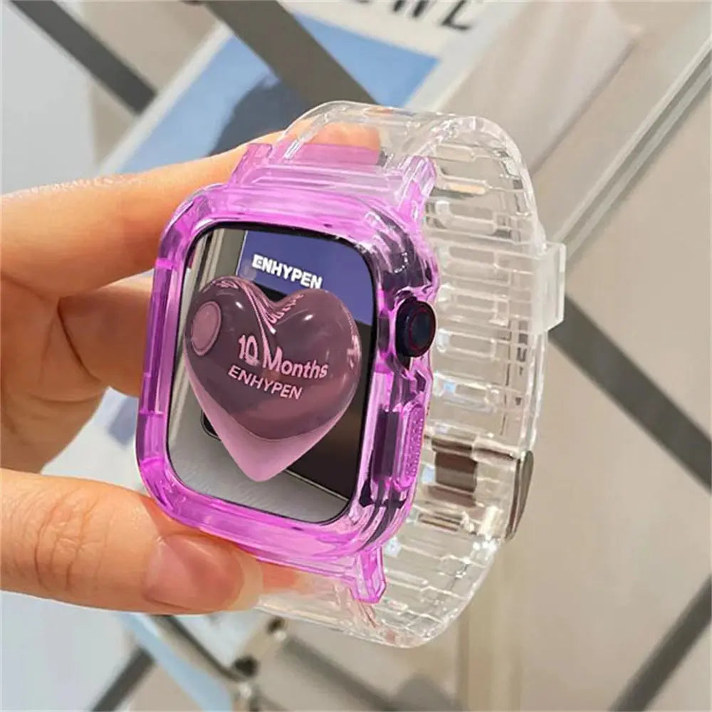Korean cute transparent silicone Apple Watch band and case, featuring a pink heart design suitable for daily wear.