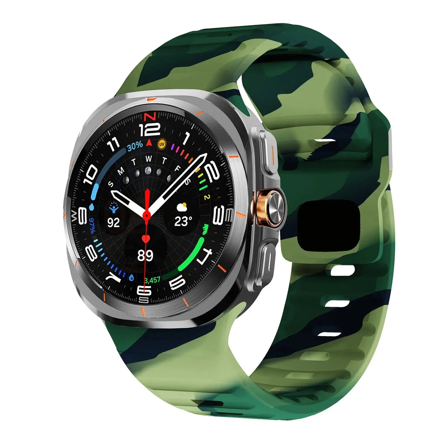 Rugged silicon band in camouflage design for Samsung Galaxy Watch Ultra, ideal for active lifestyles.
