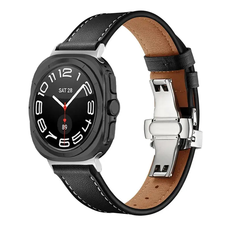 Classic Leather Ultra Band for Samsung Galaxy Watch Ultra featuring butterfly clasp, elegant design, and durable comfort.