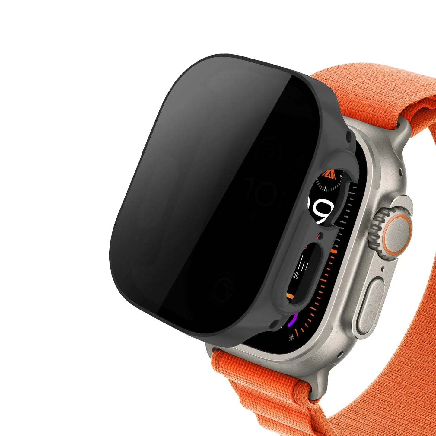 Apple Watch protection case with anti-spy tempered glass and orange strap for privacy and style.