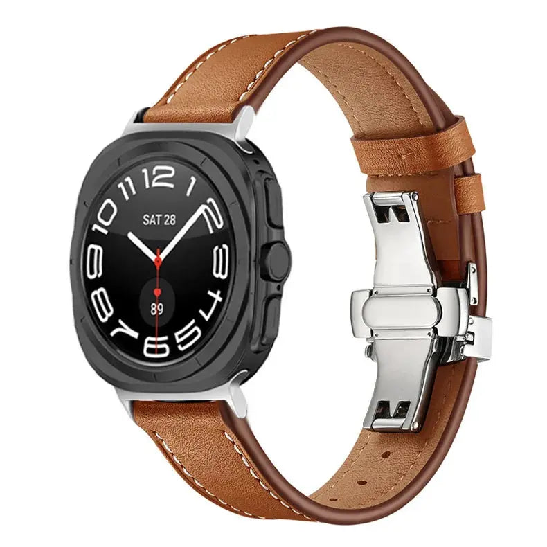 Classic Leather Ultra Band for Galaxy Watch Ultra with butterfly clasp and brown leather strap.