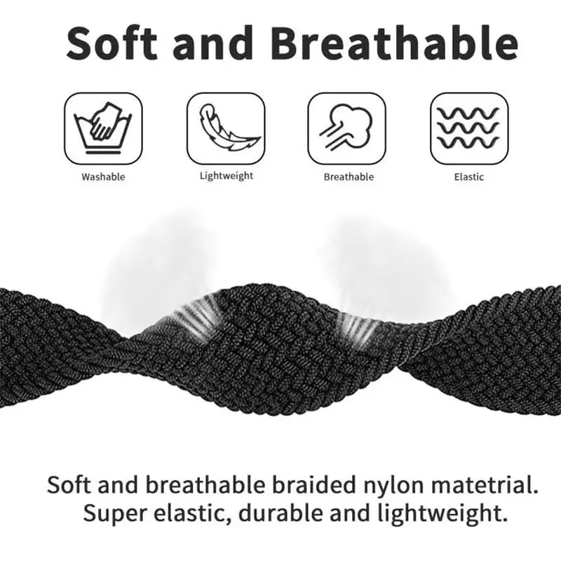 Soft and breathable braided nylon watch band, super elastic and lightweight for comfort during exercise.