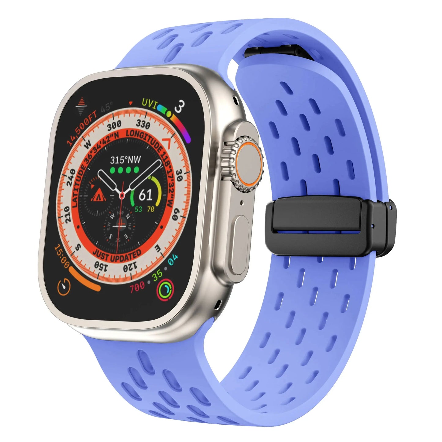 Breathable silicone magnetic clasp band for Apple Watch, ideal for active lifestyles and sports activities.