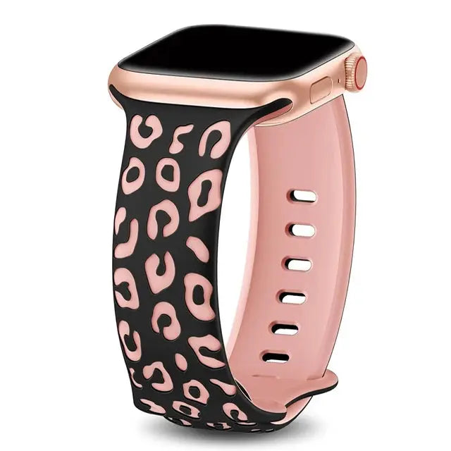 Dual color silicone engraved band for Apple Watch with leopard print, blending style and comfort.