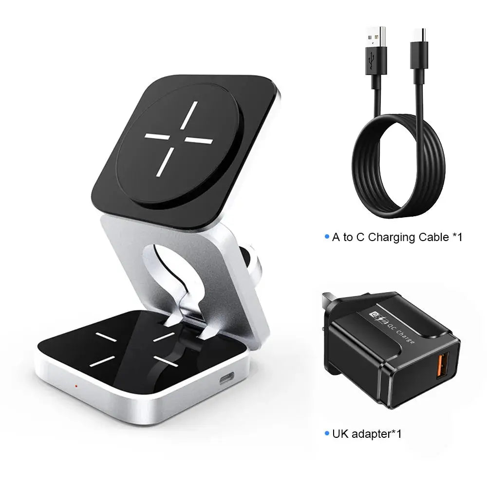 3 in 1 foldable magnetic wireless charger station with A-C cable and UK adapter for fast charging of Apple devices.