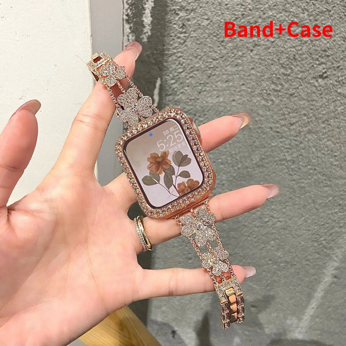 Gorgeous Rhinestones Bracelet and Case for Apple Watch, showcasing elegance with sparkling flower pattern and stylish design.