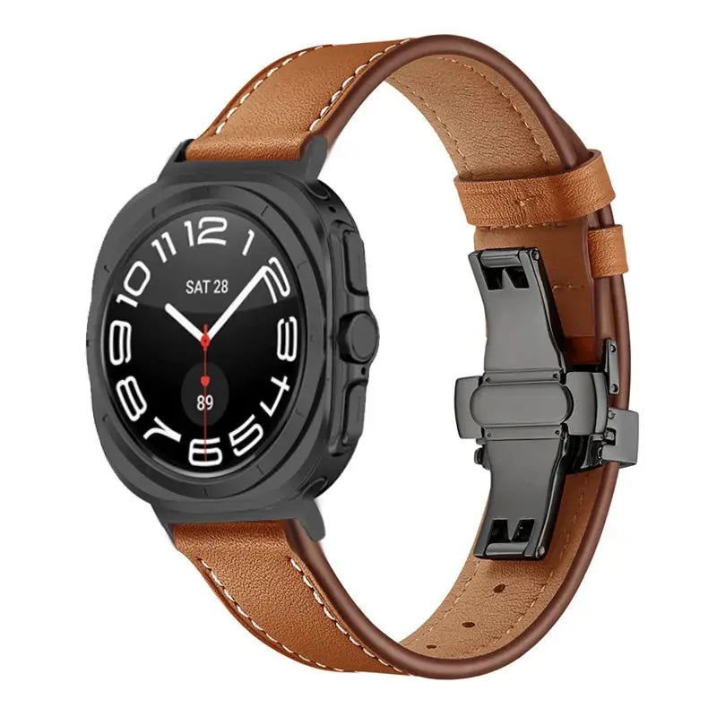 Classic Leather Ultra Band for Galaxy Watch Ultra, brown leather strap with butterfly clasp for a stylish look.