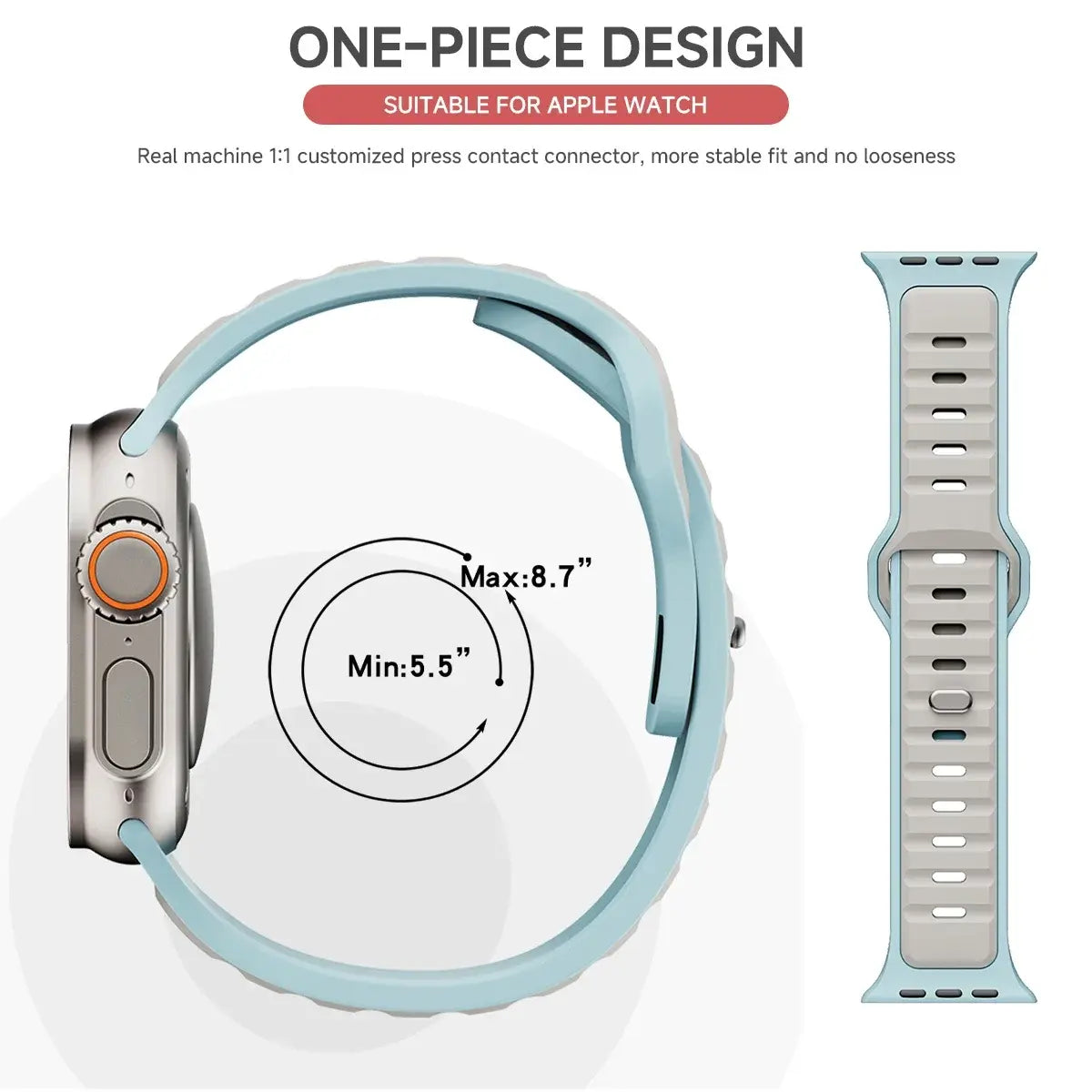Trendy rugged silicon dual tone sports band with one-piece design, suitable for Apple Watch, showcasing size range
