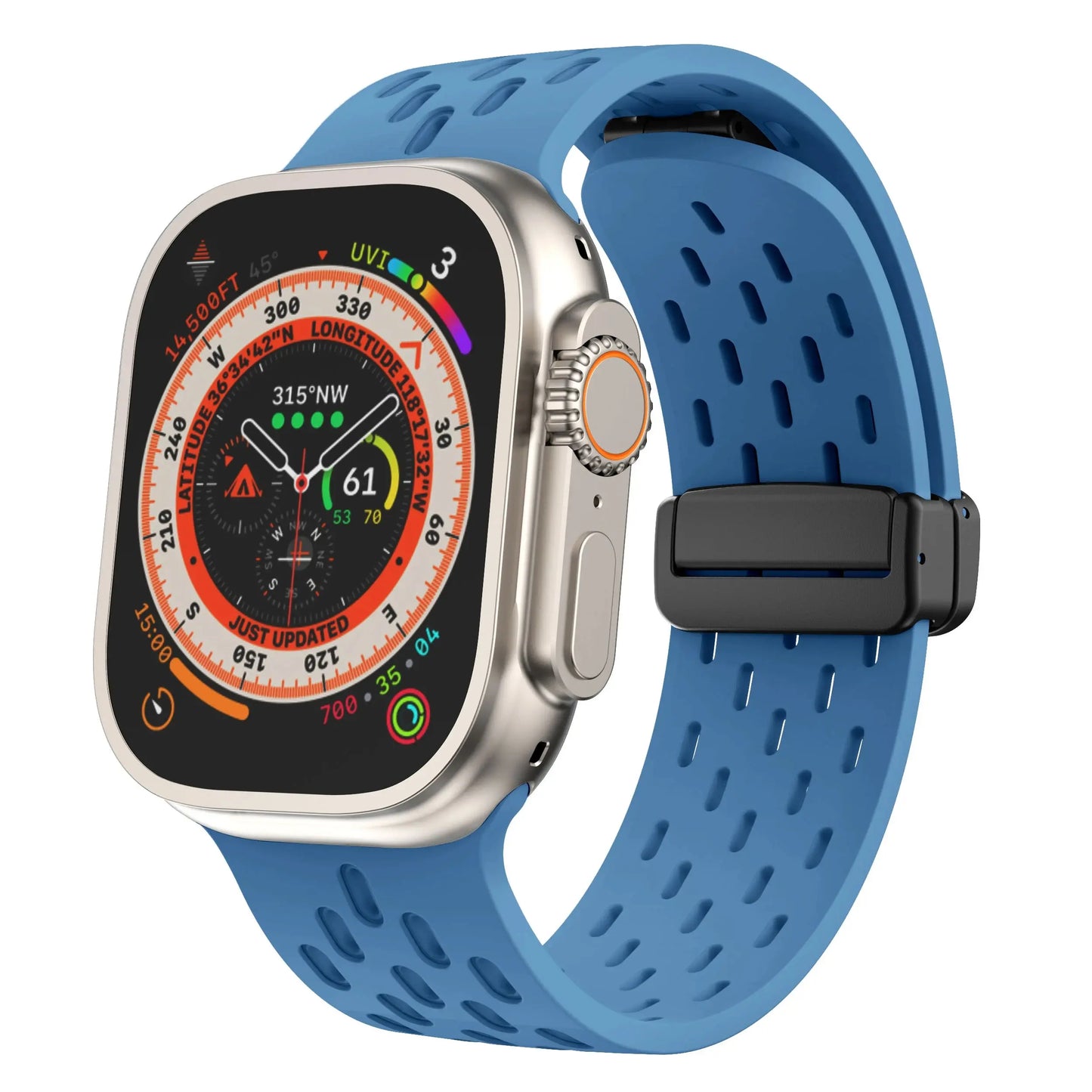 Breathable silicone magnetic clasp band for Apple Watch, designed for active lifestyles with optimal airflow and secure fit.