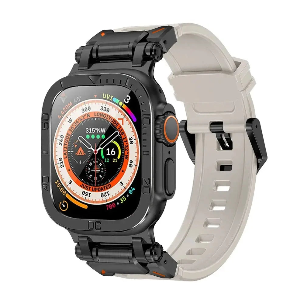 Rugged silicon band with metal case for Apple Watch Ultra, featuring sport-friendly design and durable screen protector.