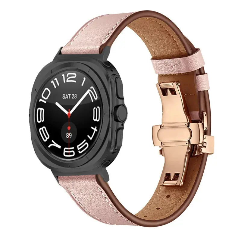 Classic Leather Ultra Band for Galaxy Watch Ultra in pink and brown with butterfly clasp, stylish and comfortable.