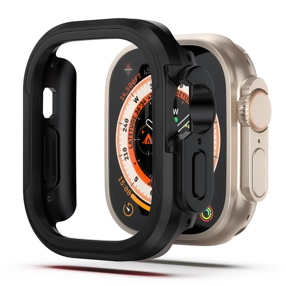 Aluminum alloy frame with TPU bumper for Apple Watch, showcasing heavy duty shockproof protection for men and women.