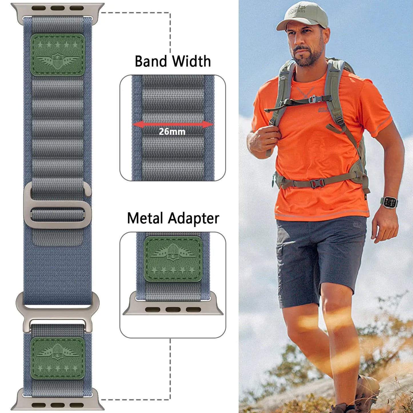 Royal Alpine Loop Nylon Loop Band for Apple Watch, 26mm width, featuring a secure metal adapter for a stylish performance.
