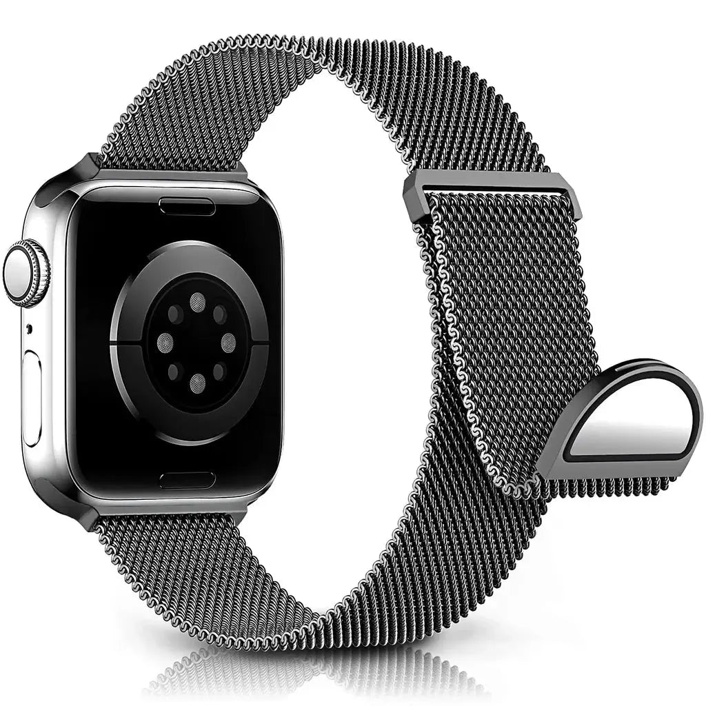 Upgraded Milan Loop Apple Watch band in stainless steel with magnetic closure, showcasing fine mesh design for elegance and comfort.