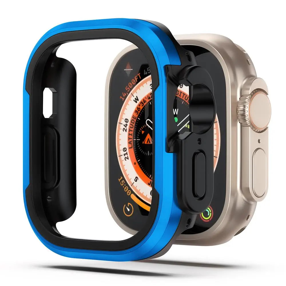 Aluminum Alloy frame case with TPU bumper for Apple Watch, showcasing heavy-duty shockproof protection.