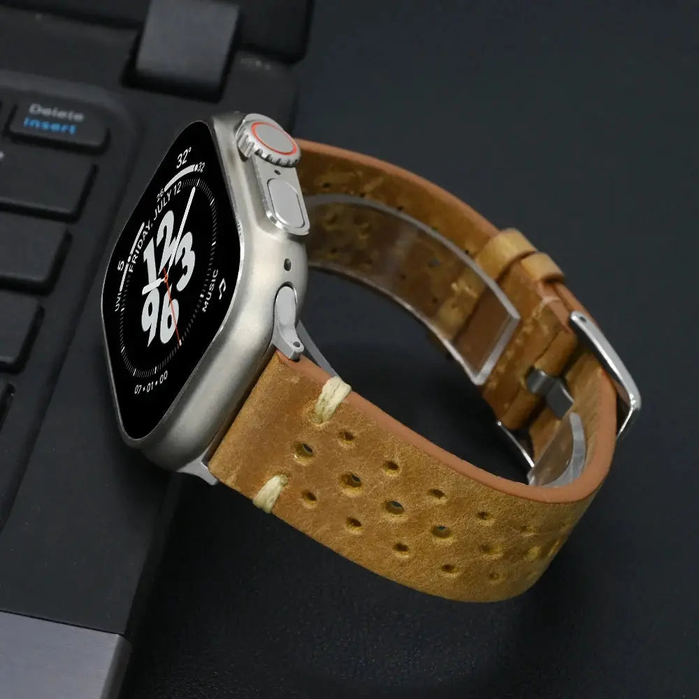 Enzo Classic Leather Band in tan color, showcasing premium full-grain leather with perforations for airflow, elegantly paired with a smartwatch.