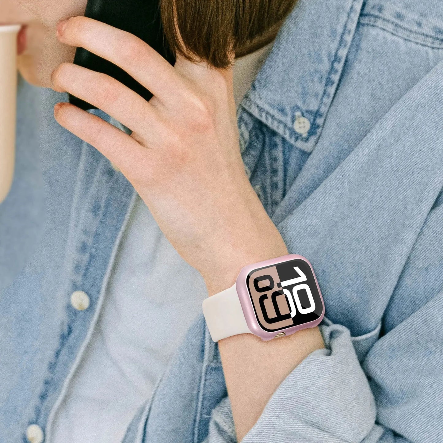 Person using a smartwatch with a protective PC case and HD glass, showcasing style and functionality.