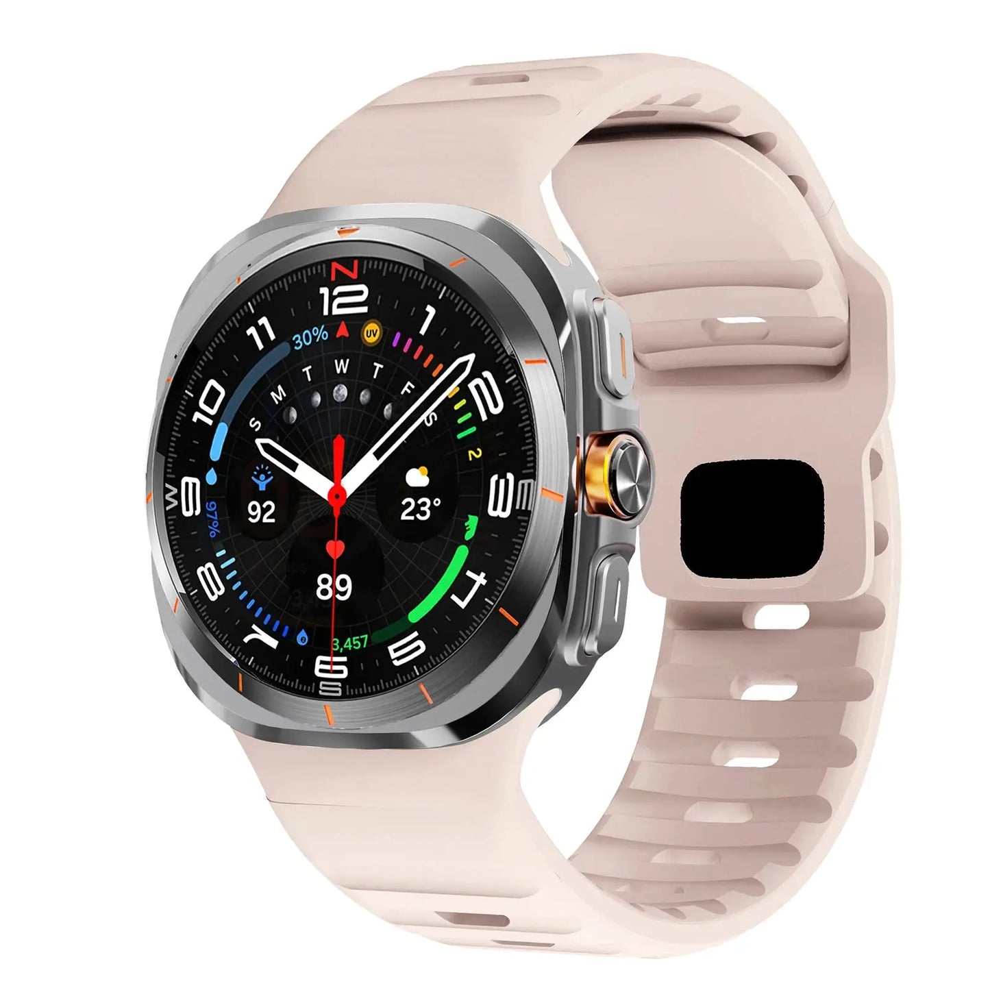 Rugged silicon band for Samsung Galaxy Watch Ultra in soft pink color, showcasing a sporty style and durable design.