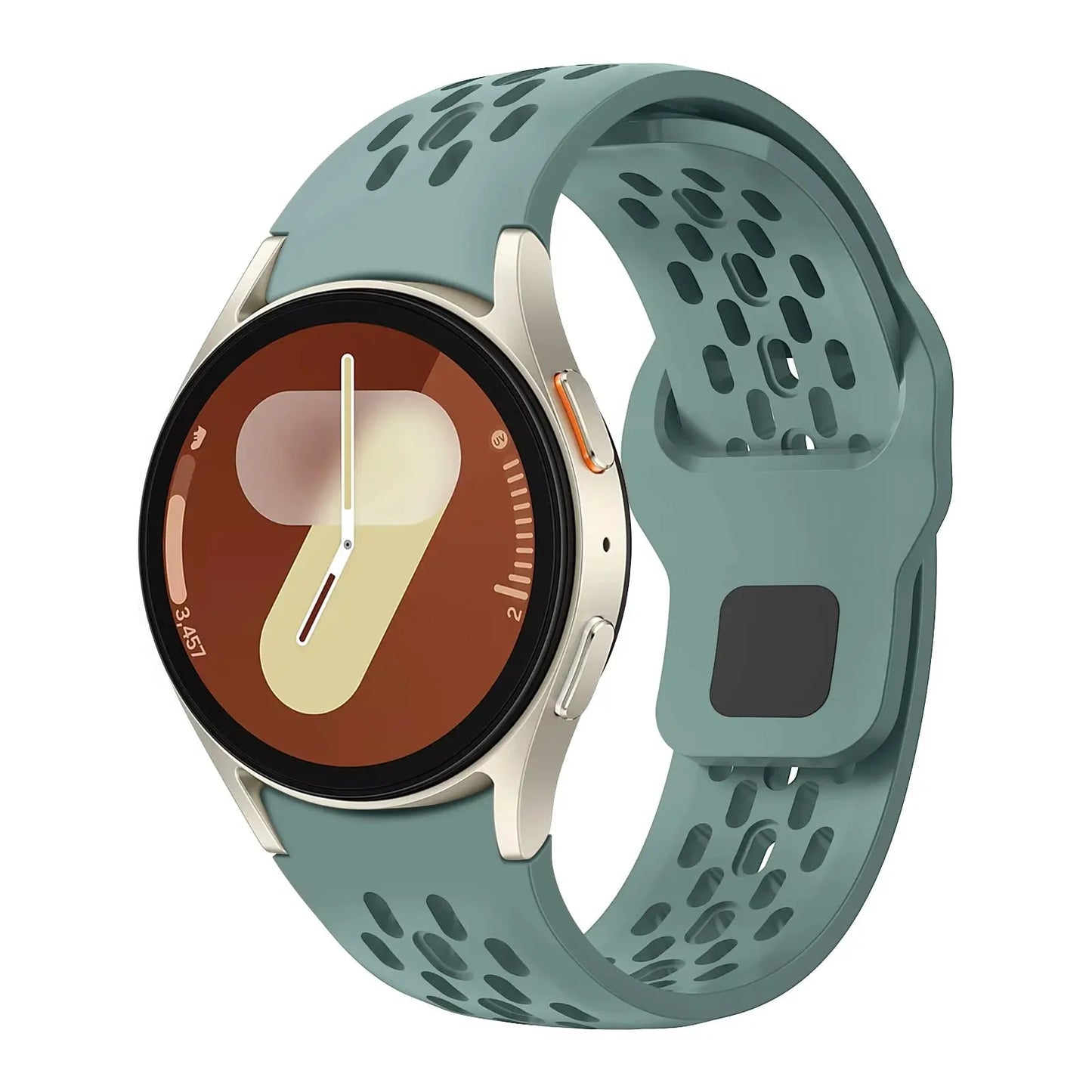 Sport silicone breathable band on Samsung Galaxy Watch with green porous design for comfort and ventilation.
