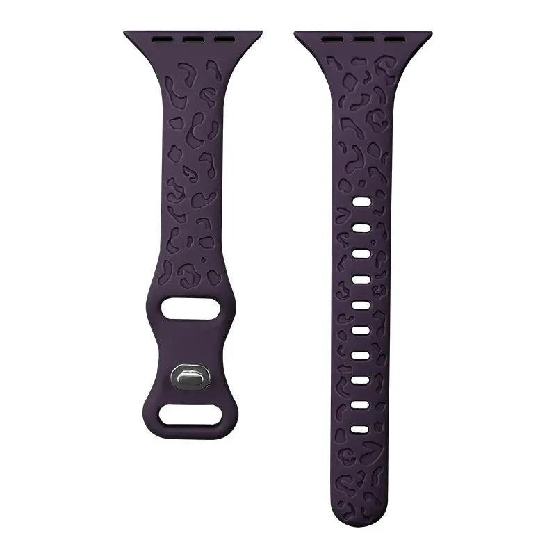Engraved slim silicon band for Apple Watch in purple with leopard pattern, showcasing style and individuality.