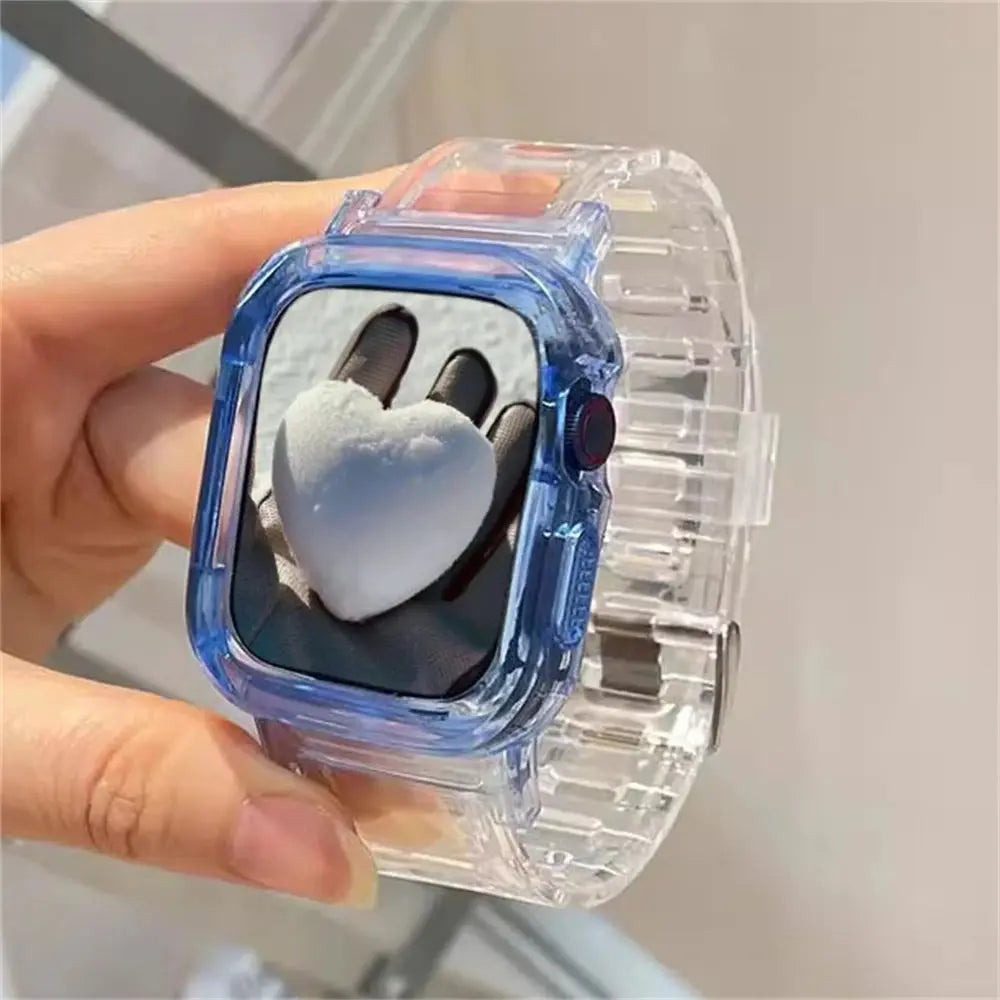 Korean cute transparent Apple Watch band and case with a heart-shaped design, showcasing minimalist style and comfort.
