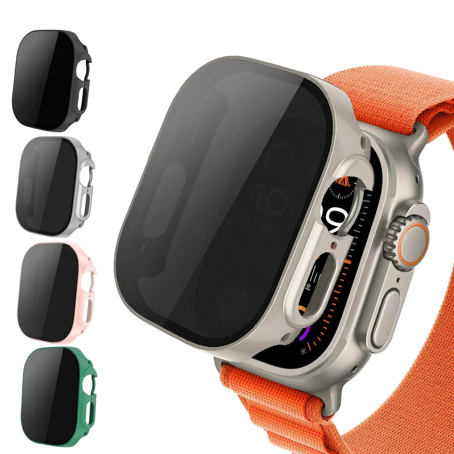 Protection + Privacy Case for Apple Watch with anti-spy tempered glass, available in multiple colors.