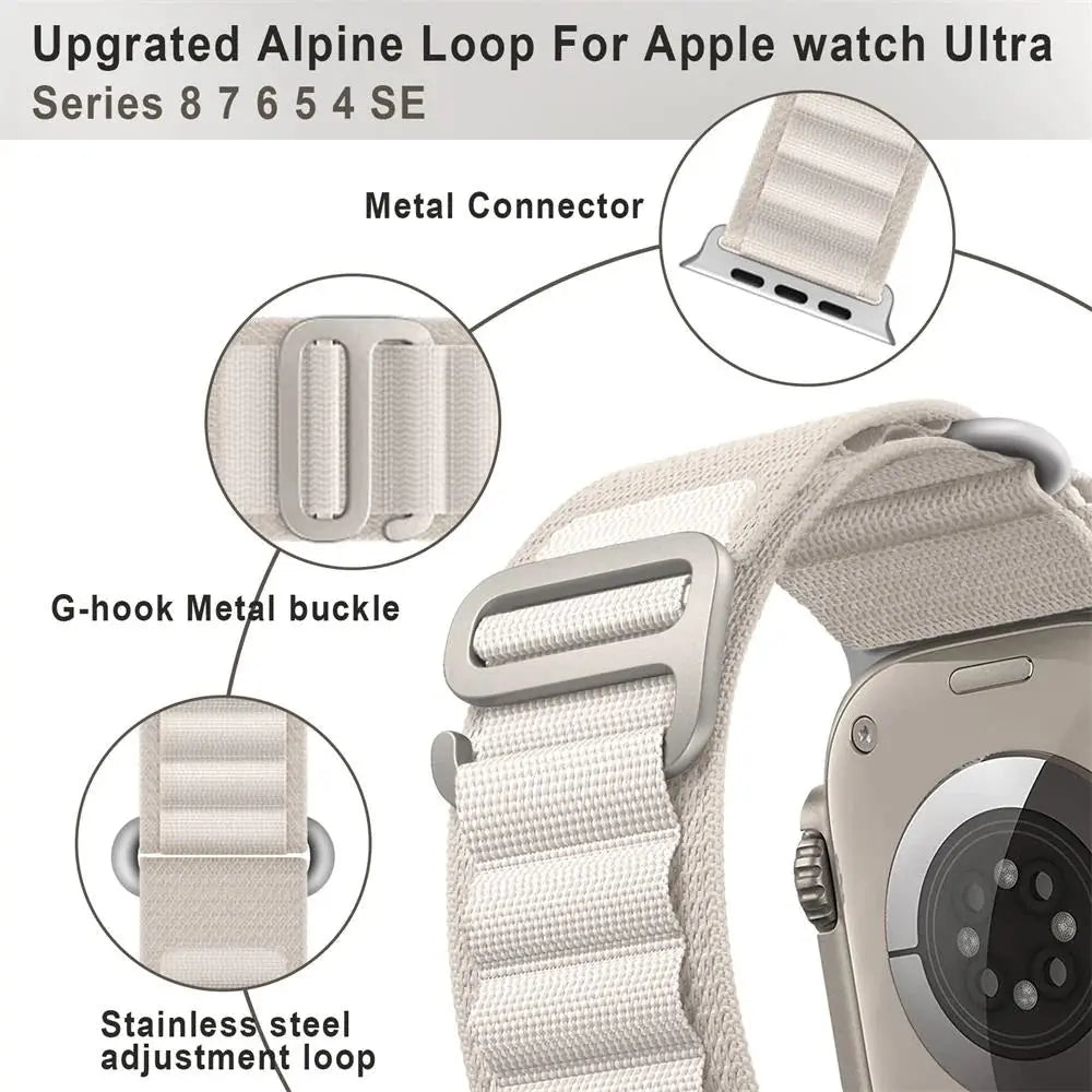 Upgraded Alpine Loop for Apple Watch Ultra features stainless steel adjustment loop and G-hook metal buckle for enhanced durability.