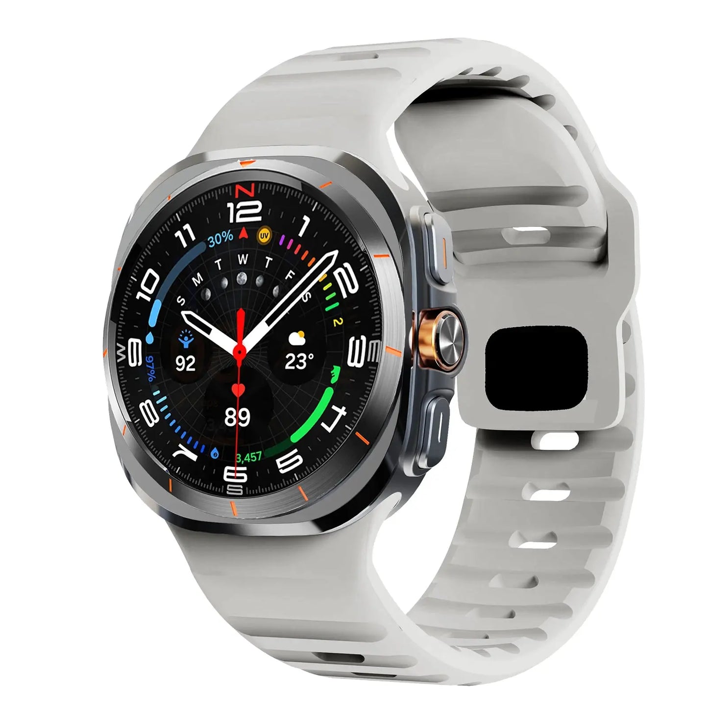 Rugged silicon band for Samsung Galaxy Watch Ultra in gray, showcasing sporty design and vibrant smartwatch features.