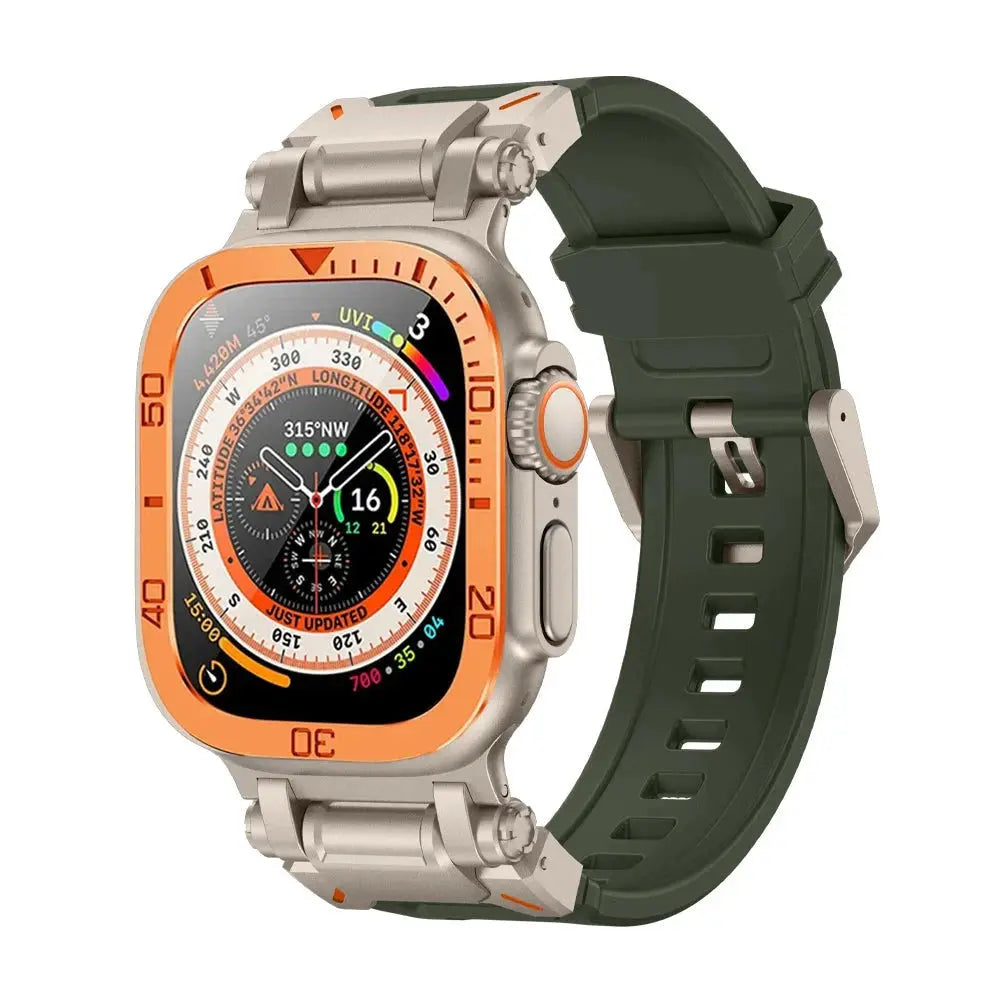 Apple Watch Ultra 49mm with rugged silicon band, metal case, and screen protector for sporty style and protection.