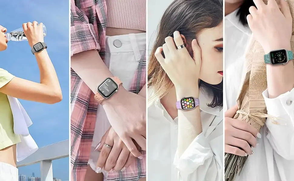 Stylish women showcasing Engraved Leopard's Paws Silicon Bands on Apple Watches in various fashionable settings.