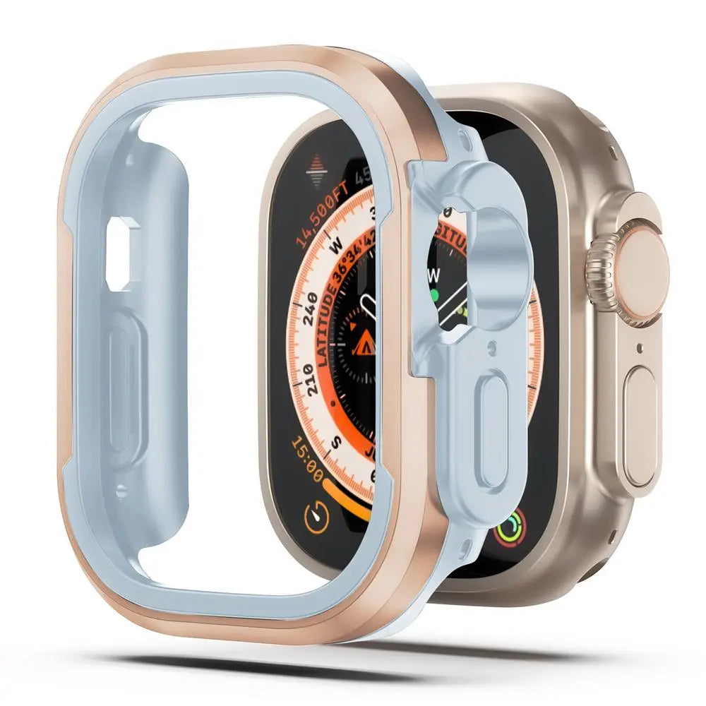Heavy duty shockproof aluminum alloy frame with TPU bumper for Apple Watch protection.